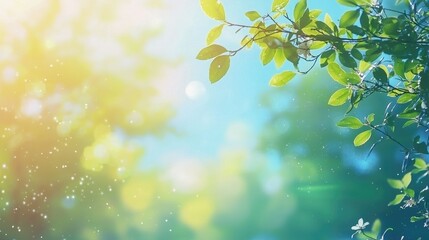 Obraz premium Vibrant summer background with a mix of blue sky, green trees, and sunlight filtering through 