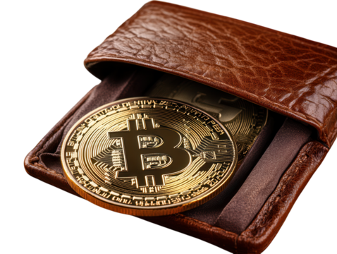 Bitcoin coins and dollar bills emerging from a wallet, isolated on a white background.  PNG transparent.