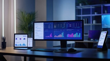 Fototapeta premium A modern workspace featuring smartphones and monitors displaying colorful data insights and performance metrics for strategic planning sessions.