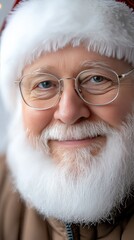 Obraz premium Santa Claus exudes joy and warmth with his bright smile, wearing a classic red suit and white fur trim, capturing the holiday spirit in a festive setting