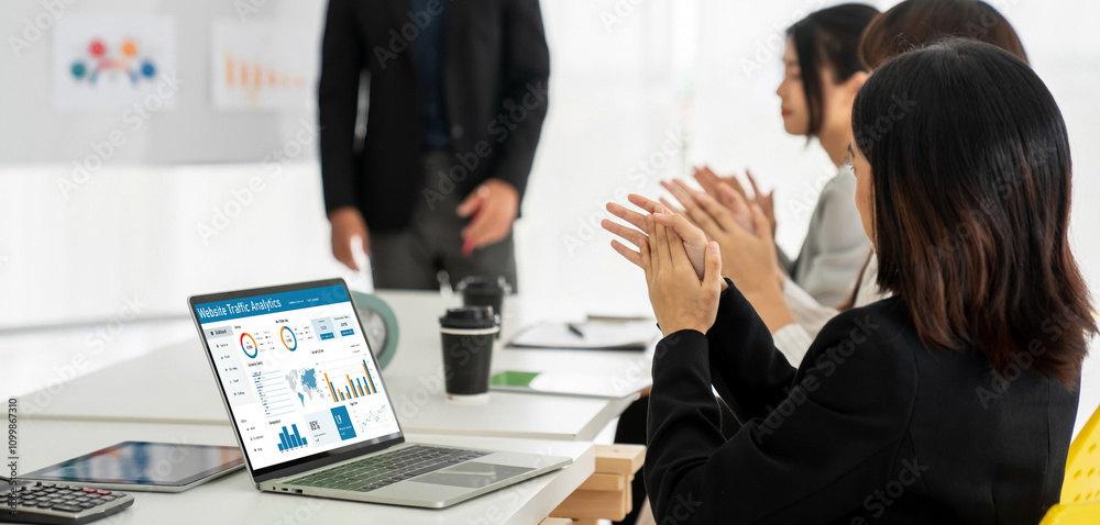 Poster computer software for website traffic analytics data on computer screen. concept of seo search engin
