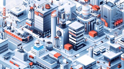 Fototapeta premium Isometric illustration of an industrial city with buildings, cranes, and trucks. 