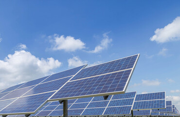 rows array of Solar panels or solar cells or photovoltaics in solar power station alternative clean...