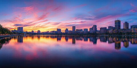 Fototapeta premium The Boston skyline seen across the Charles River at dusk, with reflections of buildings in the water.