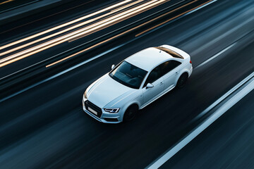 Naklejka premium White car on the highway in motion blur, a commercial photo style, a modern architectural background.