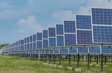 Close up rows array of Solar panels or solar cells or photovoltaics in solar power station , clean...