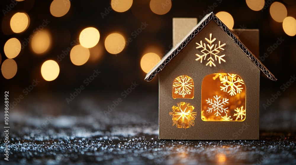 Poster a miniature cardboard house with snowflake cutouts and glowing lights inside stock photo with side c