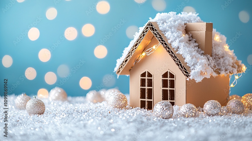 Poster a festive cardboard playhouse featuring a rooftop covered in fake snow and string lights stock photo