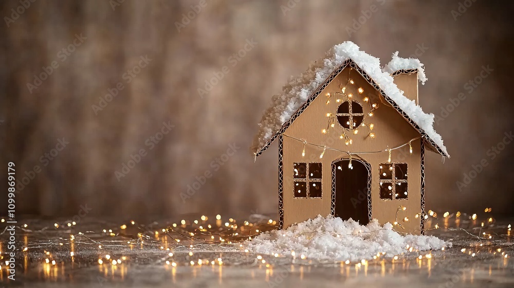 Poster a festive cardboard playhouse featuring a rooftop covered in fake snow and string lights stock photo