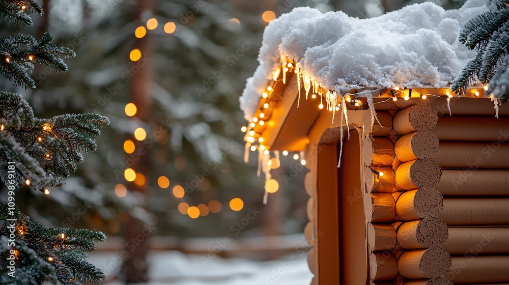 Aufkleber a festive cardboard playhouse featuring a rooftop covered in fake snow and string lights stock photo