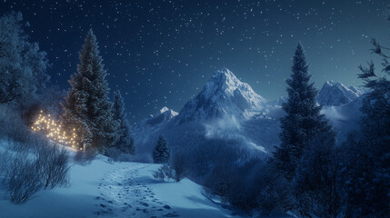 Christmas Winter Background with Snowy Mountain Landscape, Fir Trees, and Frosty Night Sky 