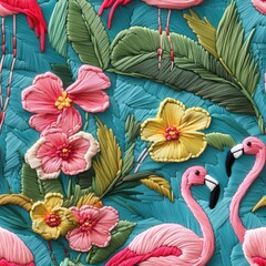 Obraz premium Flamingos surrounded by flowers and leaves on a blue background