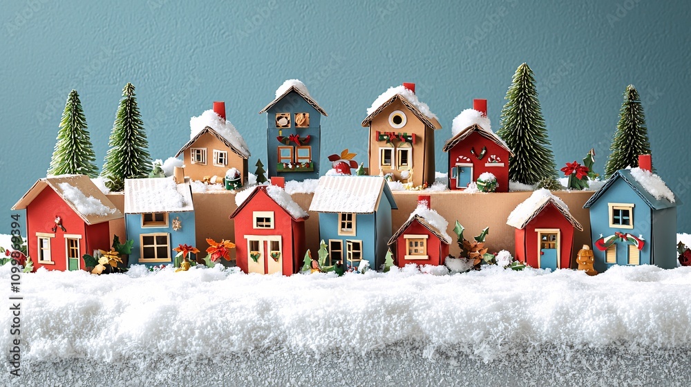 Poster a colorful cardboard christmas village featuring multiple small houses and snowy rooftops stock phot
