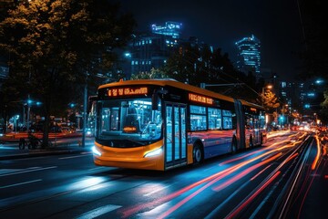 Fototapeta premium Modern electric bus driving through city street at night with light trails