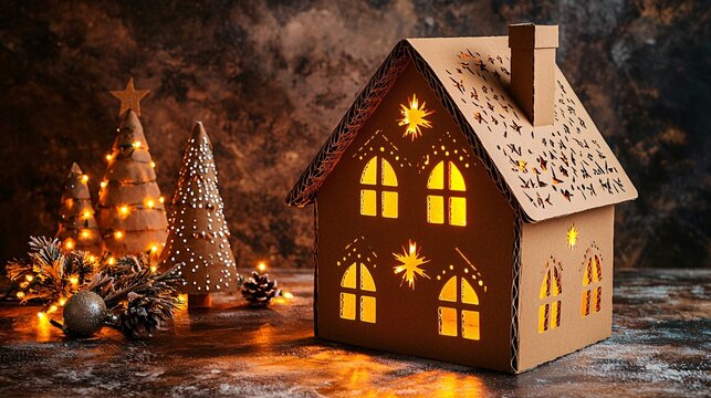 A handmade cardboard Christmas house with cutout windows glowing with warm light Stock Photo with side copy space