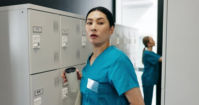Asian woman, nurse and locker room with equipment at hospital for done, finished or bad news. Japanese, female person or healthcare assistant packing up for internship programme or fired at clinic