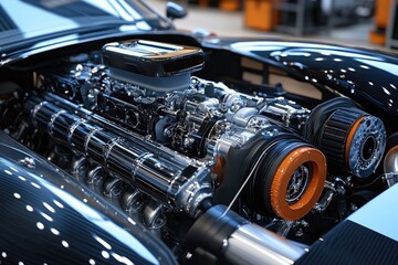 Fototapeta premium Powerful supercar engine showing pistons, filters, and belts