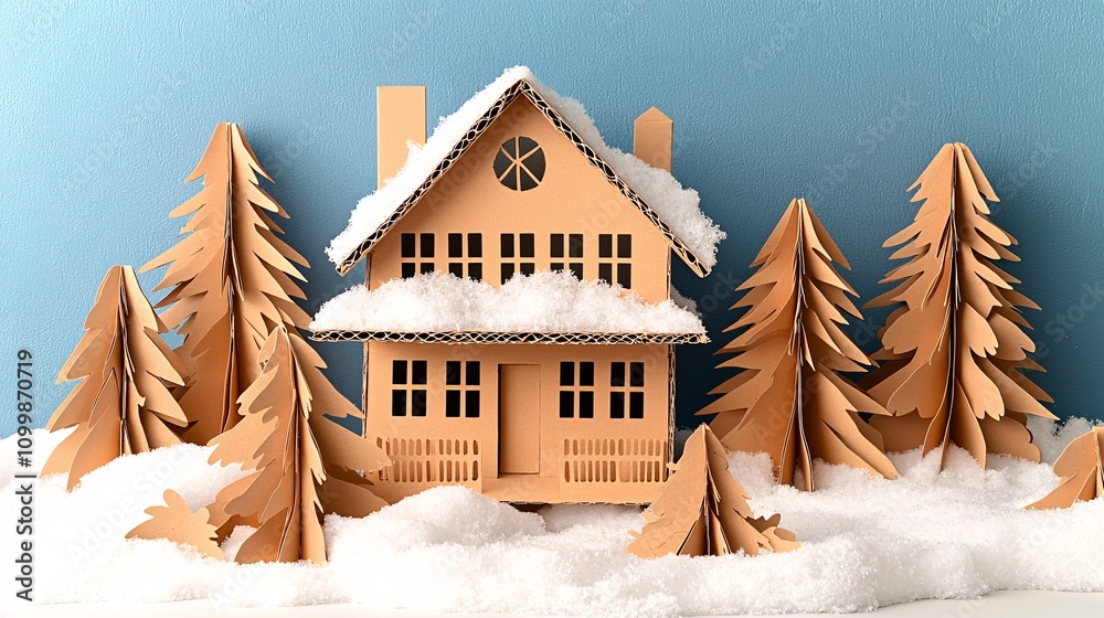 Poster a handcrafted cardboard house set in a winter scene with artificial snow and paper trees stock photo