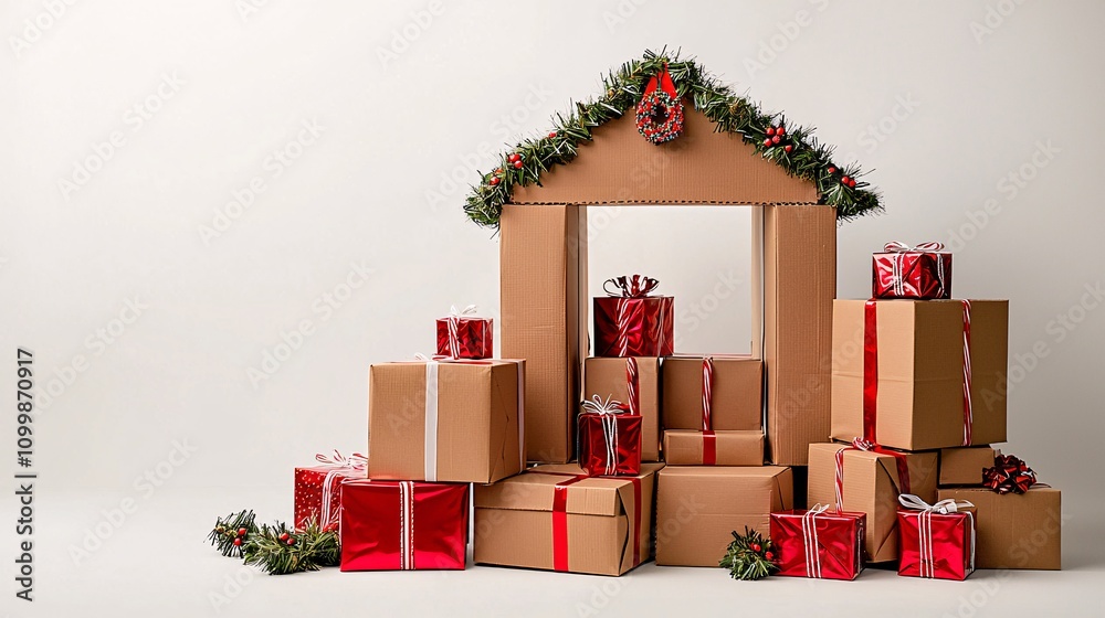 Poster A simple yet elegant Christmas playhouse made of recycled boxes with minimal decorations Stock Photo with side copy space
