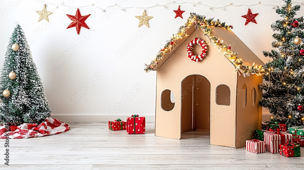 Poster A simple yet elegant Christmas playhouse made of recycled boxes with minimal decorations Stock Photo with side copy space