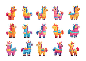 Fototapeta premium Cartoon pinatas. Paper donkey little horse with treats inside, for kids party and child birthday celebration, mexican toy candies vessel, cute lama animal for fiesta or carnival vector illustrations
