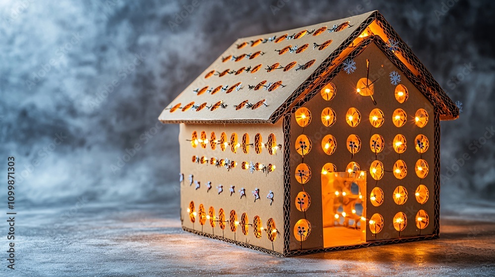 Poster a cardboard holiday house illuminated from within and decorated with tiny paper snowmen stock photo 