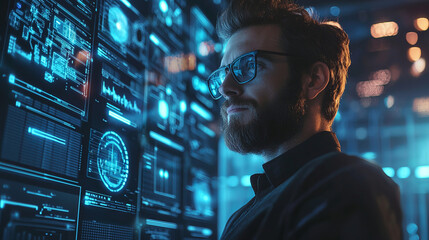 Innovative UI UX designer working with futuristic digital interfaces