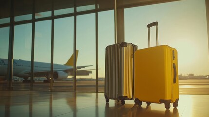 Airline Travel Exterior at Sunrise, Airplane and Suitcases by Big Window, Airport Terminal Departure, Sunlight Reflection