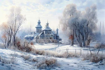 Obraz premium a winter village scene with a landscape covered in frost and snow. 