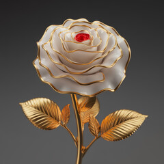 Decorative golden rose with intricate details and vibrant petals. Expensive premium and elegant golden flower background for high end lifestyle or romantic love photography concepts.