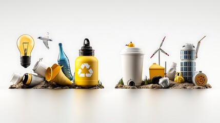 A digital set of icons representing air, water, and plastic pollution, featuring clean design with each symbol distinct and clearly defined, Ultra-Realistic, Photo Realistic, highly detailed, 