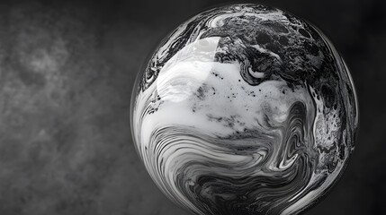 A black and white photograph of an isolated soap bubble with detailed patterns on the surface, floating in mid-air