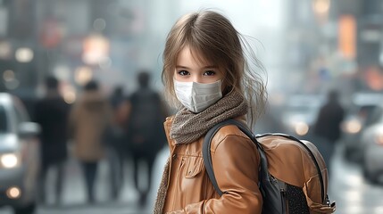 Obraz premium Air pollution in a crowded city, with gray smog blocking out the sun, cars emitting exhaust fumes, and pedestrians wearing masks, Ultra-Realistic, Photo Realistic, highly detailed, 