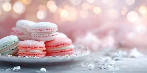 Delicious Colorful Macarons on Plate with Bokeh Lights