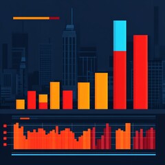 Fototapeta premium City skyline with rising financial charts.