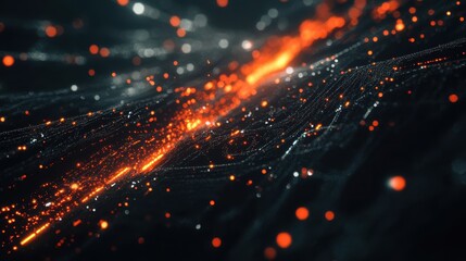 Fototapeta premium Abstract digital art: Glowing orange lines on a dark, textured surface.