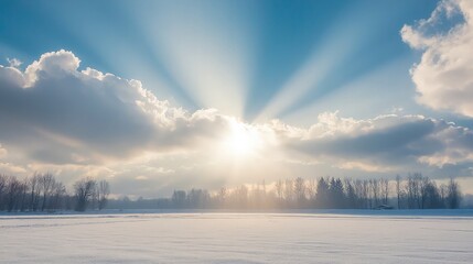 Obraz premium Sun rays bursting through winter clouds over a snow covered field.