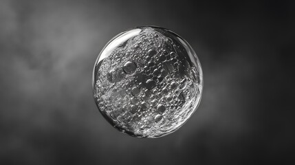 A black and white photograph of an isolated soap bubble with detailed patterns on the surface, floating in mid-air