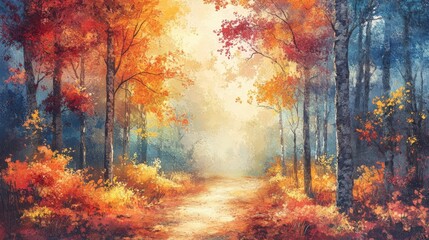 Fototapeta premium Autumn Path Through a Colorful Forest Scene