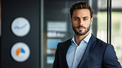 Fototapeta premium Confident businessman in a modern office environment with charts
