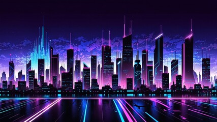 Obraz premium Realistic Cyberpunk City Skyline with Purple and Cyan Neon lights, Generative AI 