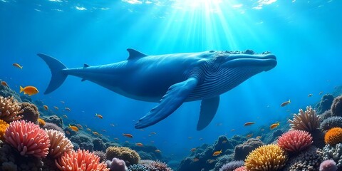 Fototapeta premium A large blue whale swimming over a vibrant coral reef with colorful fish and sunlight shimmering through the water