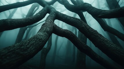 Dark twisted tree branches in a foggy atmospheric forest with a mysterious and eerie ambiance