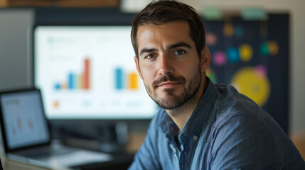 Fototapeta premium Professional digital marketer in modern office with growth charts