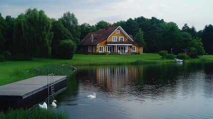 Obraz premium Two elegant swans swim near a wooden dock, while a charming yellow house sits peacefully by a tranquil lake, framed by rolling green hills and trees