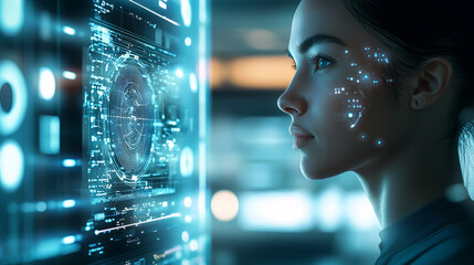 Futuristic ai specialist analyzing digital interface display