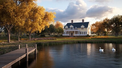 Fototapeta premium Two elegant swans swim near a wooden dock, while a charming yellow house sits peacefully by a tranquil lake, framed by rolling green hills and trees