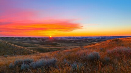 Fototapeta premium Vibrant sunrise over rolling hills and grasslands.