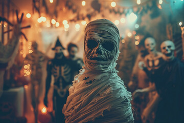 Obraz premium Thematic Halloween masquerade person wear mask designed with generative ai image