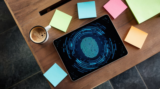 A close-up of a digital fingerprint displayed on a tablet, surrounded by colorful sticky notes and a cup of coffee, creating an innovative workspace atmosphere.